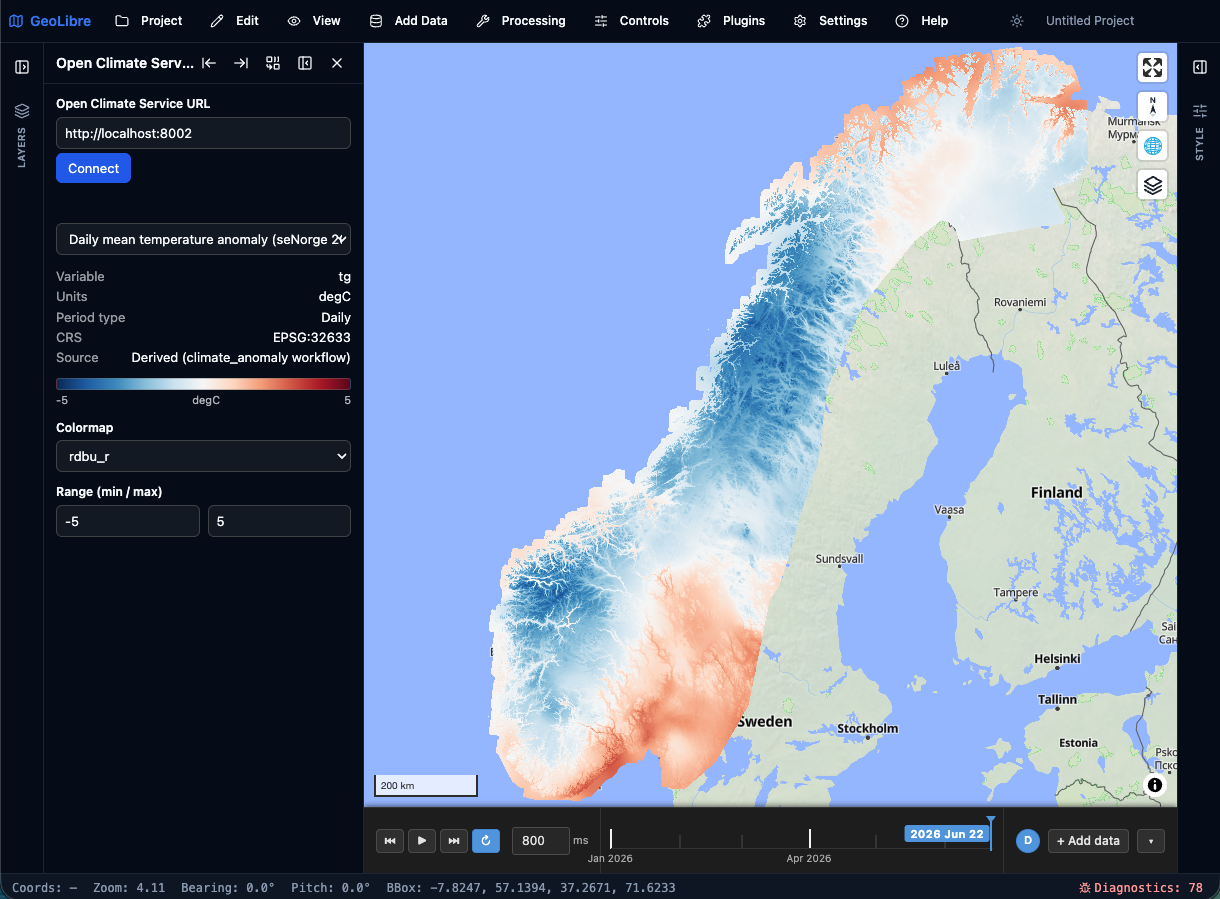 The Open Climate Service plugin rendering a daily mean temperature anomaly over Norway in GeoLibre